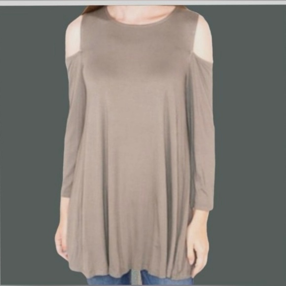 Cupio Tunic Cold Shoulder Jersey Knit Tan Sweatshirt Slouchy Swing M - Picture 1 of 13
